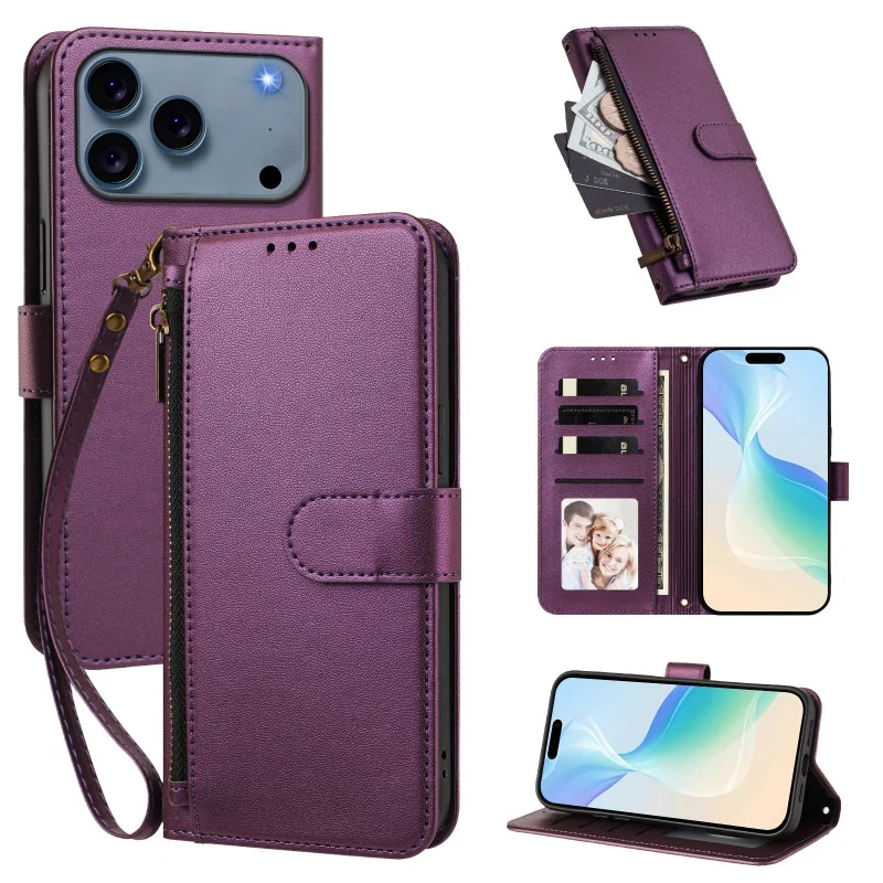 Luxurious Zipper Leather Wallet Phone Case with Wrist Strap and Card Slots