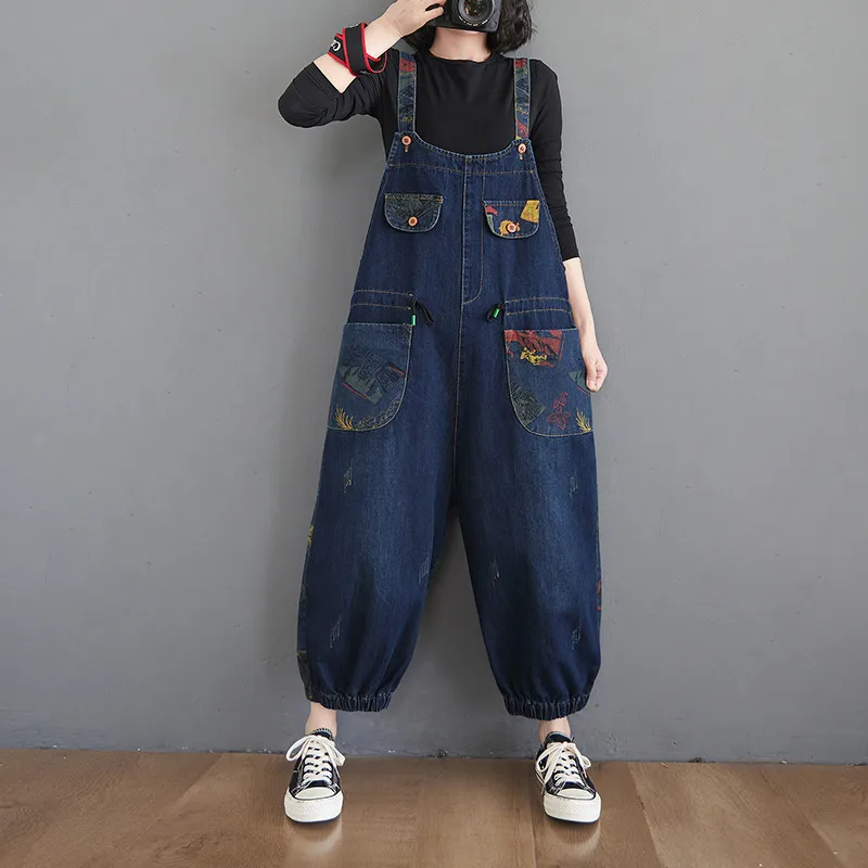 

2023 Spring Fashion Print Splicing Denim Suspenders Women Rompers Casual Nine Points Straps Jeans Female Loose Jumpsuit G2617