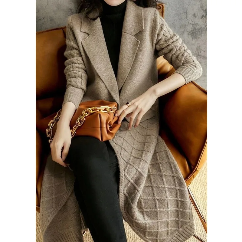 

European Long Cashmere Cardigan Female Autumn and Winter New Over-the-knee Slimming Thickened Wool Coat Knitted Sweater