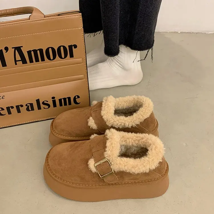 

Туфли женские на плоской подошве, без шнуровки, зимние простые модные короткие плюшевые туфли на среднем каблуке, из хлопка, без застежки, 2023