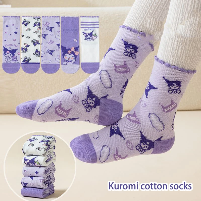 

Носки Sanrioed Kuromi женские до середины икры, Мультяшные хлопковые удобные дышащие для студентов, не позволить себе мяч, 5 шт.