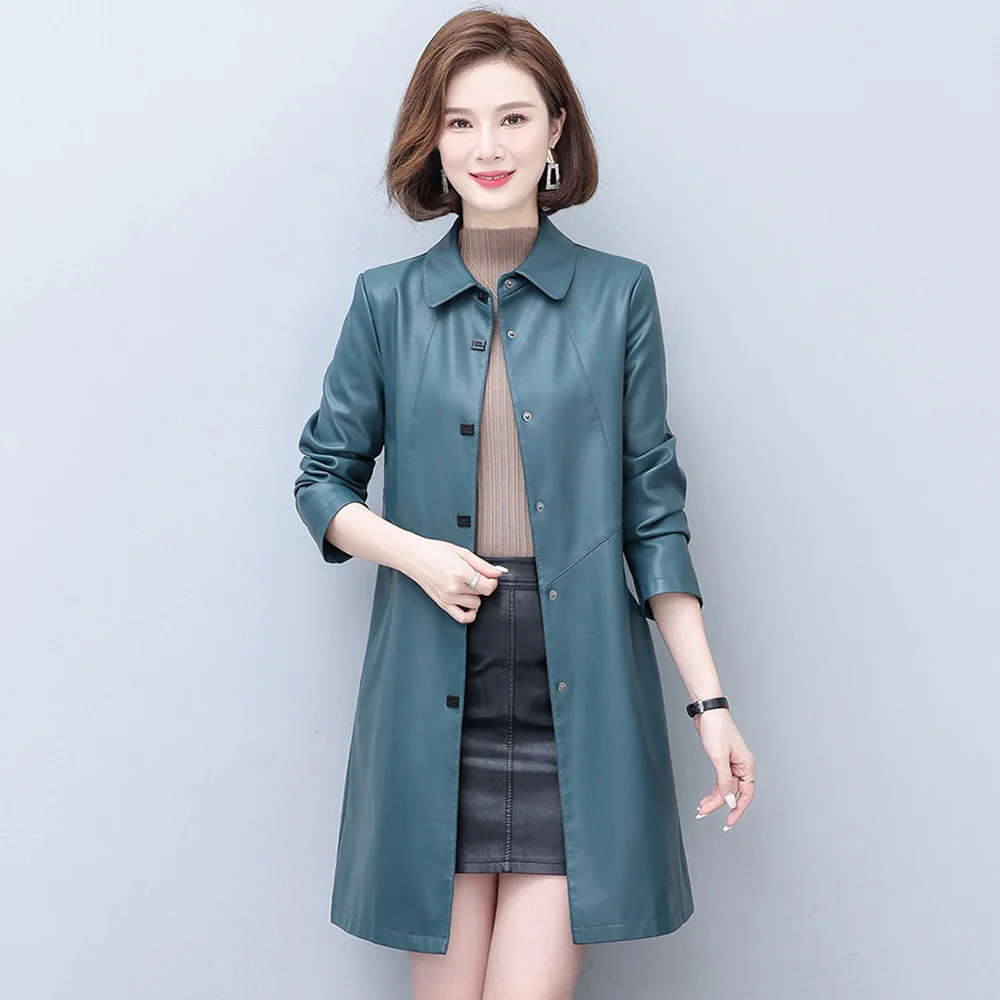 New Women Spring Autumn Leather Coat Casual Fashion Plus Cotton Lining Medium Long Loose Sheepskin Trench Coat Mother Topcoat new women leather trench coat spring autumn fashion casual long sleeve belt short sheepskin coat all match loose outerwear