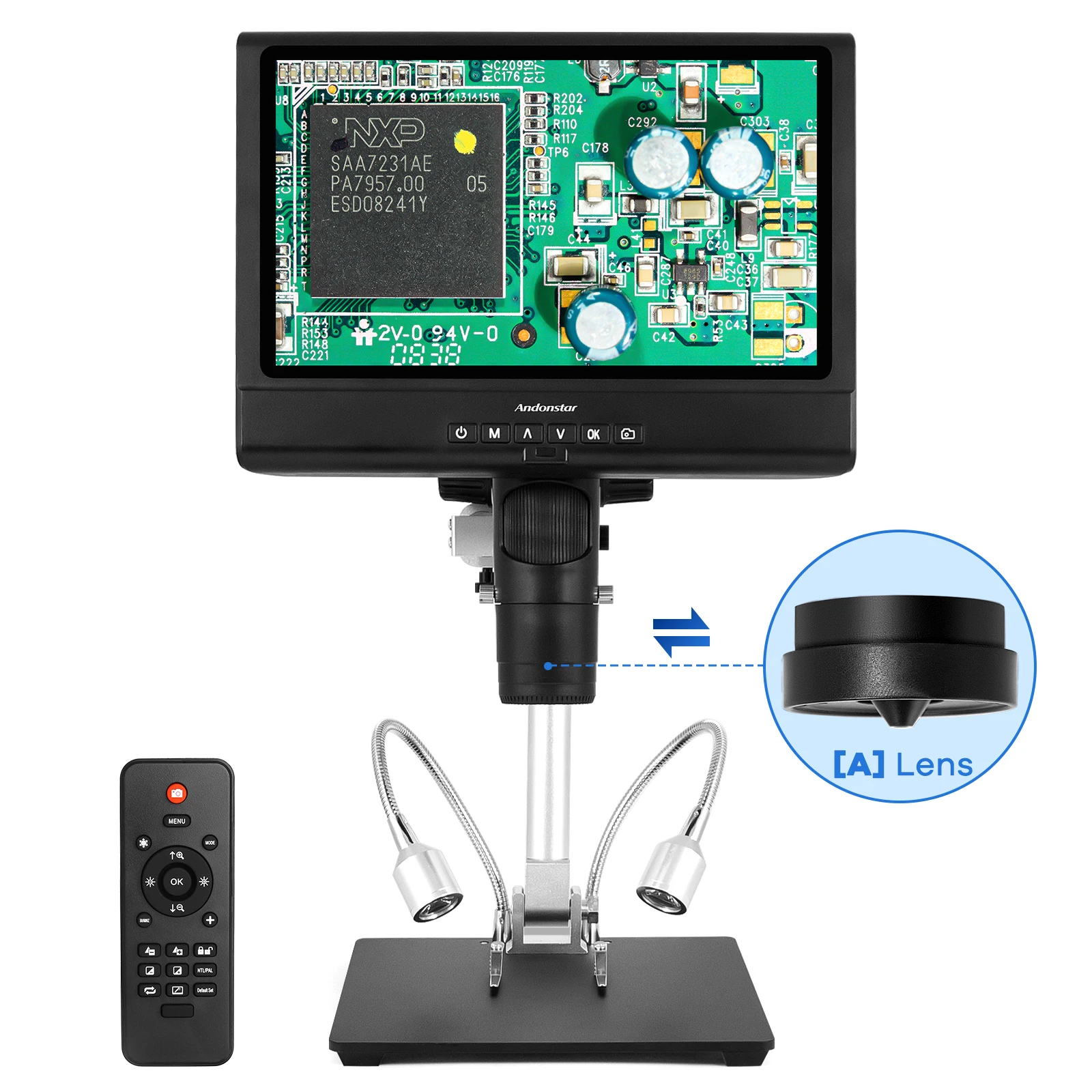 

Цифровой микроскоп Andonstar 2000X, 10-дюймовый ЖК-дисплей AD249 с регулируемой металлической подставкой, для пайки печатных плат
