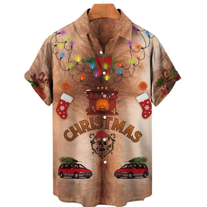 Funny Christmas Uniform Blouses Santa Claus Cosplay Shirts For Men Clothes Xmas Mens Gift Short Sleeve Streetwear Lapel Blouse 4