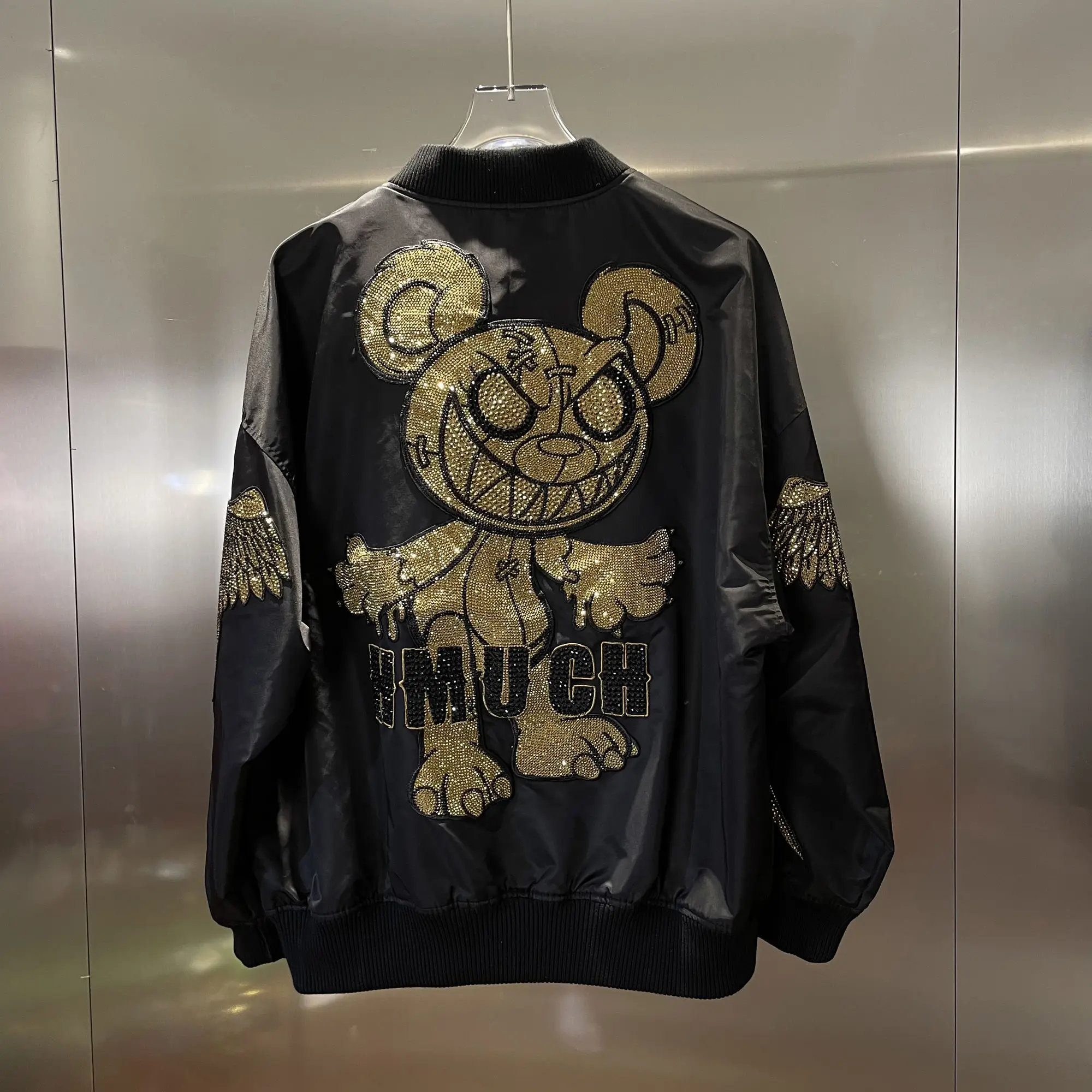 

Hot Luxury Bear Drilling Trendy Jacket Coat New Autumn Loose Baseball Uniform Zip O-neck Long Sleeve Streetwear Coats Unisex