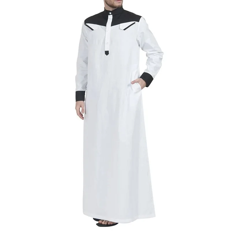 

Muslim Southeast Asia New Men Loose Standing Collar Splicing Long-sleeved Robe Ethnic Style Middle East Robe Muslim Men Clothing