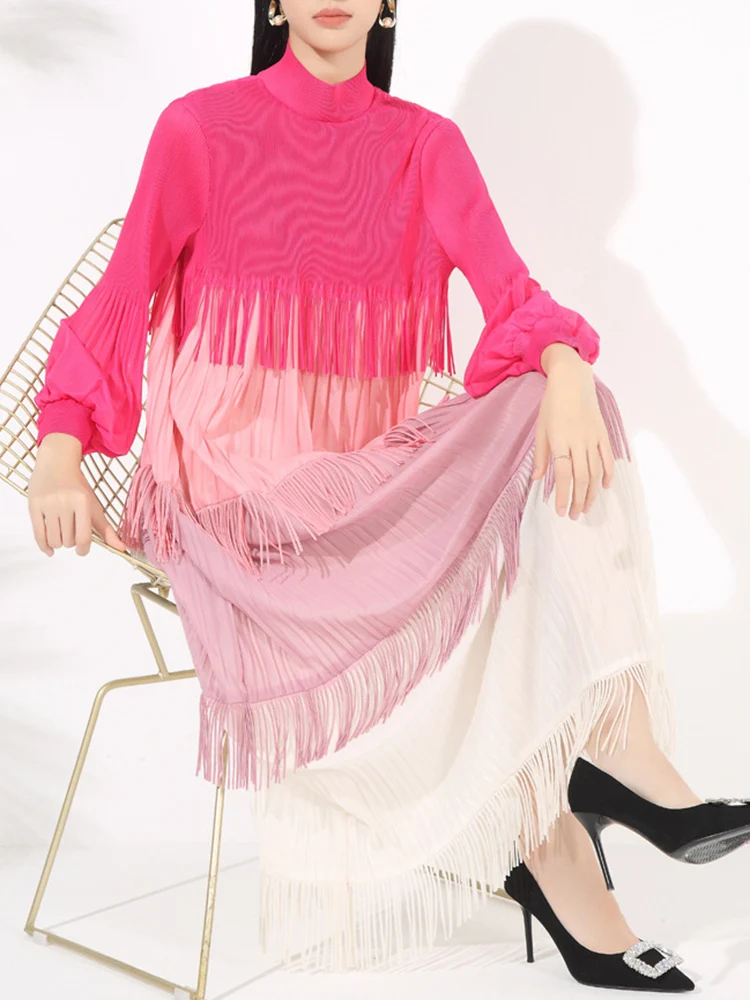 LANMREM 2025 Spring Pleated Long Dress For Women Contrast Color Tassel Design A-line Dresses Elegant Party Clothing 2VV2055 - Image 3