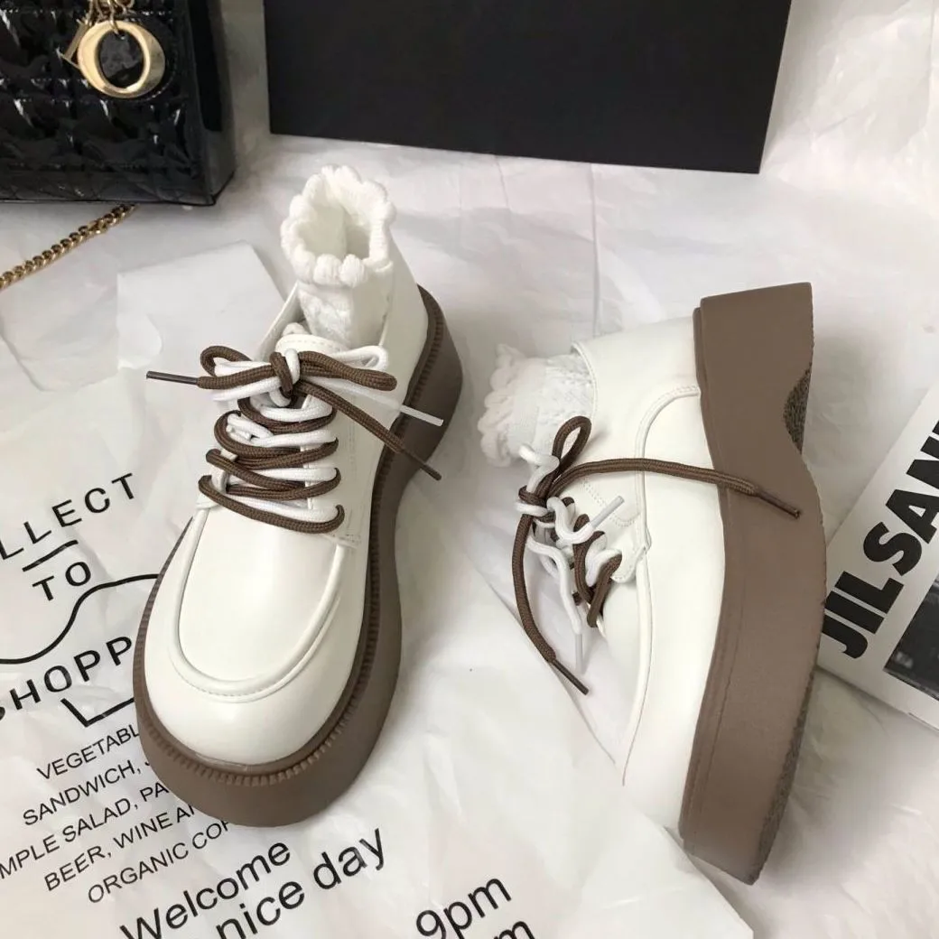 

New Ladies Thick Sole Oxford Shoes 2024 Leather Flat Lace Up Fashion Loafers Hollow Out Platform Shoes Women Shoes Zapatos