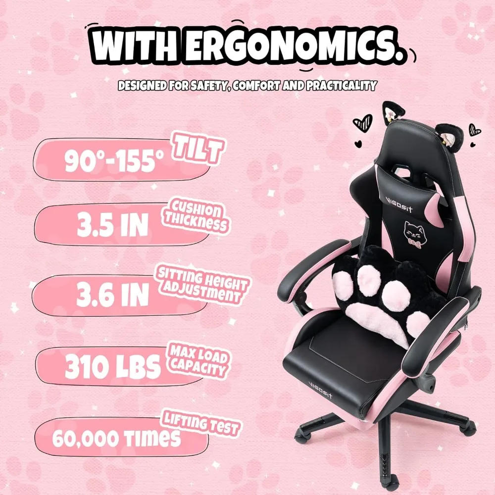 Ergonomic cat-themed gaming seat with adjustable features and specifications displayed on a pink background.