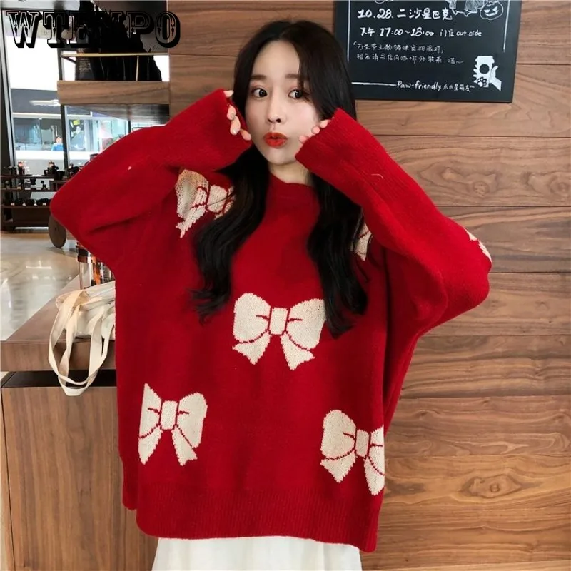 

WTEMPO Women's Long Sleeve Bowknot Sweater Printed Knitwear Loose Korean Style Sweet Jumper Pullover Red Knitting Tops