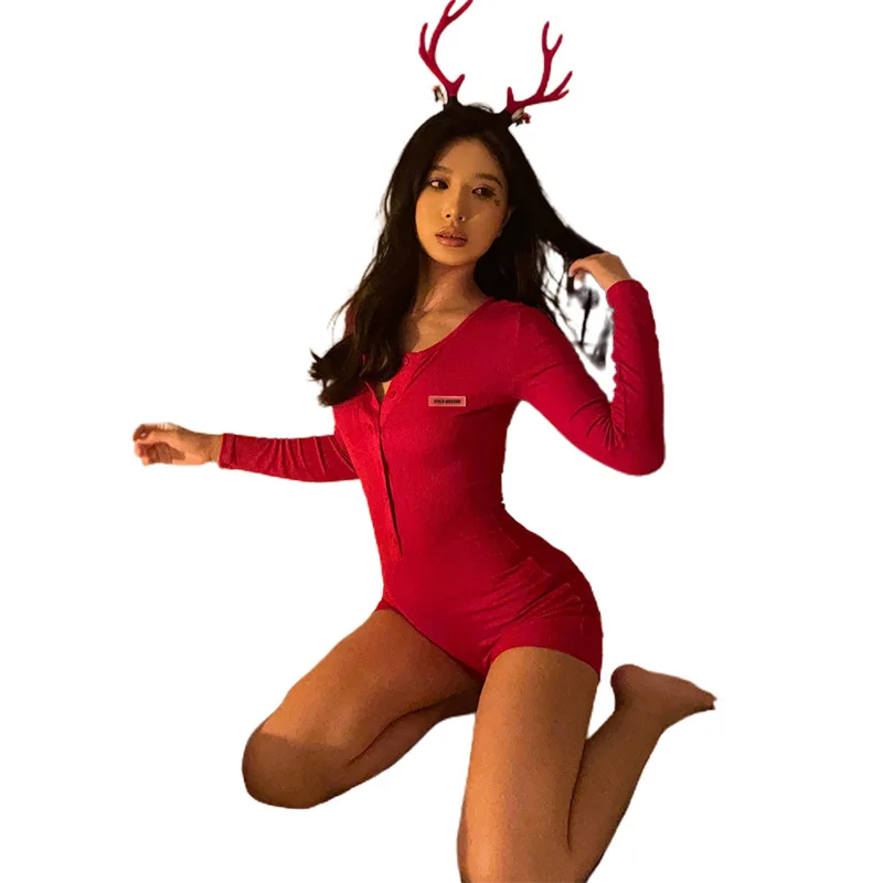 Women's Christmas Party Skinny Rompers Autumn Long Sleeve Single Breasted Buttons High Waist Slim Y2k Playsuit Street Bodysuits