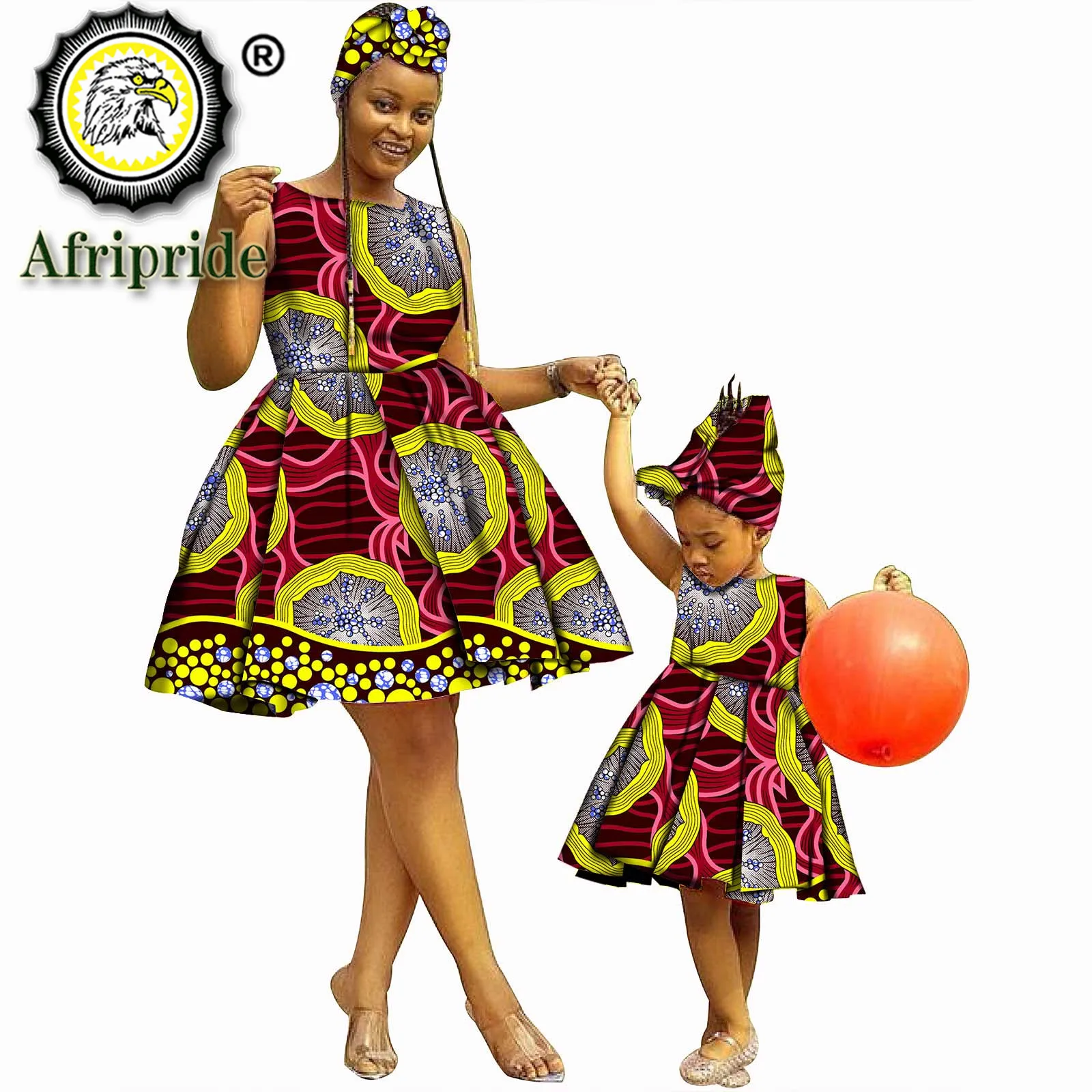 2024African Dresses+Headwarp for Women Dashiki Dress for Girl Ankara Fabric Mother and Daughter Clothing Print AFRIPRIDES19F001