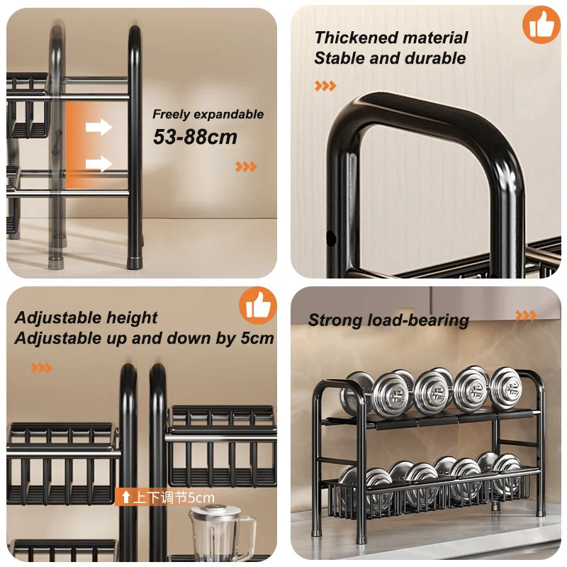 Kitchen Under Sink Adjustable Pot Rack Multifunctional Dish Pans Storage Rack Countertop Basket