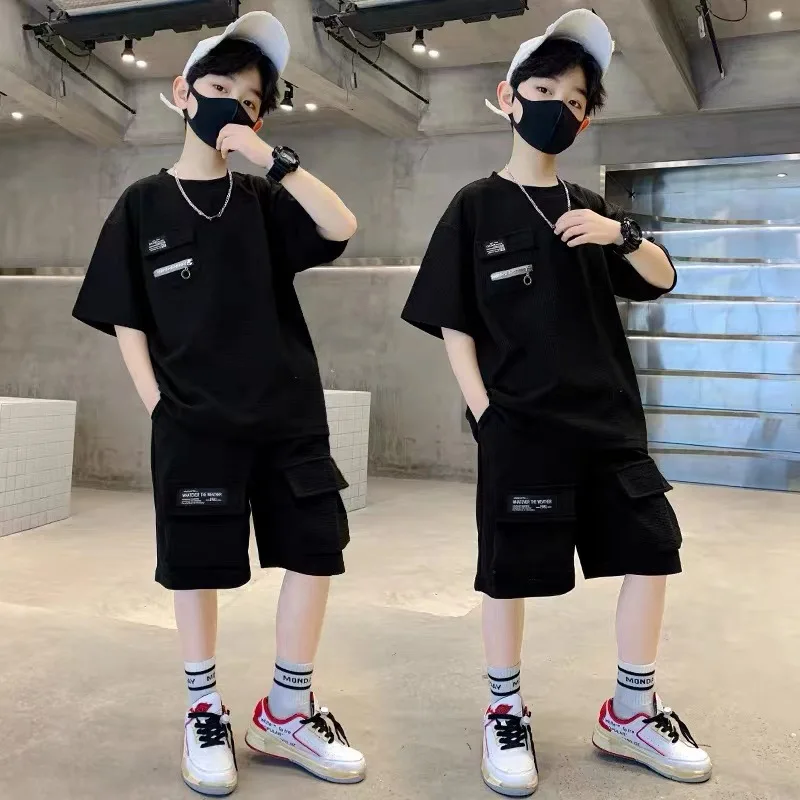 

Boys Suit New Medium and Large Children's Clothing Summer Boys Sports Short-sleeved Internet Celebrity Fashionable and Handsome