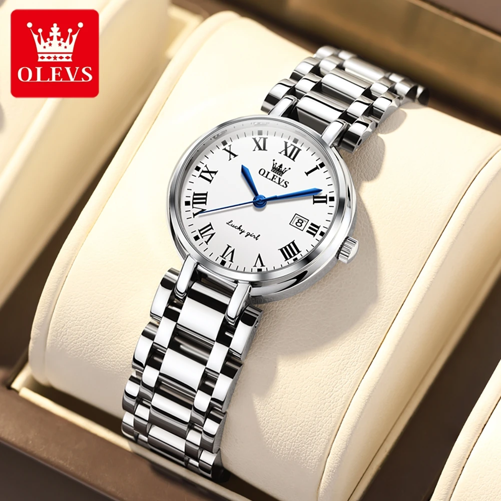 

OLEVS Luxury Brand Silver Stainless Steel Women Watches Rhinestone Dial Calendar Waterproof Fashion Woman Quartz Wristwatch Gift
