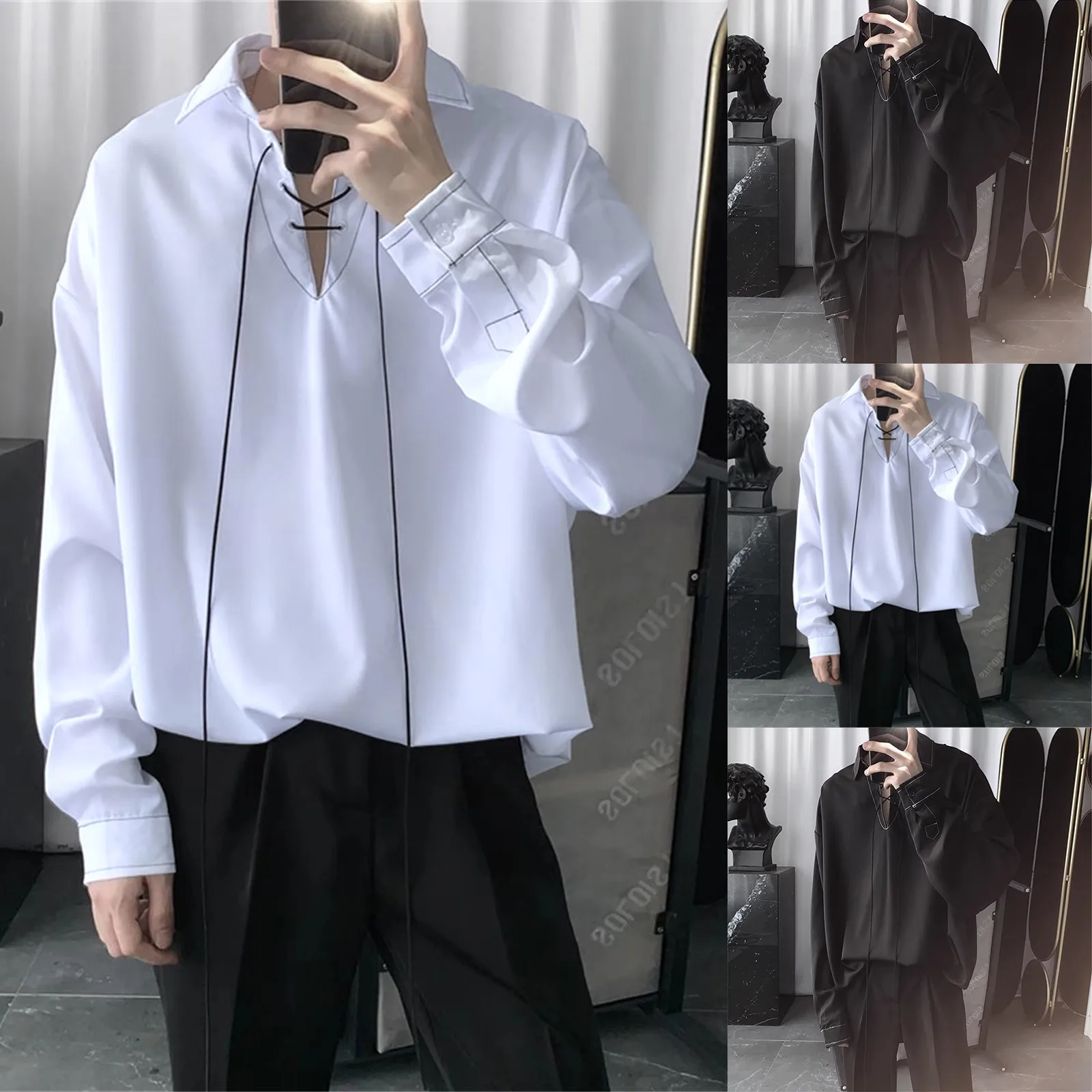 

2023 Autumn And Winter New Temperament Design Shirt Men's Drawstring Tie Standing Collar Long Sleeve Pullover Shirt Blouse