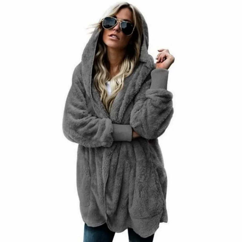 2023 Autumn Winter New Women Faux Fur Coat Mid-Length Thicken Warm Casual Outcoat Fashion Two-Sided Wear Hooded Solid Color Tops
