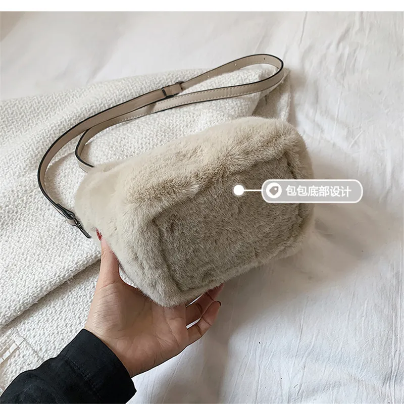Winter Shoulder Bag Soft Fluffy Faux Fur Bags Women Solid Color Plush Handbag Casual Zipper Fuzzy Square Street Messenger Bag