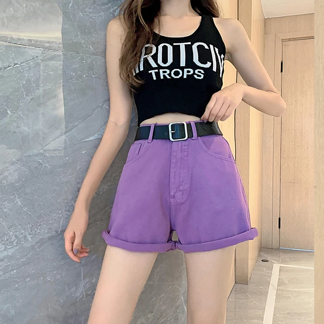 Women Purple Denim Shorts Summer High 