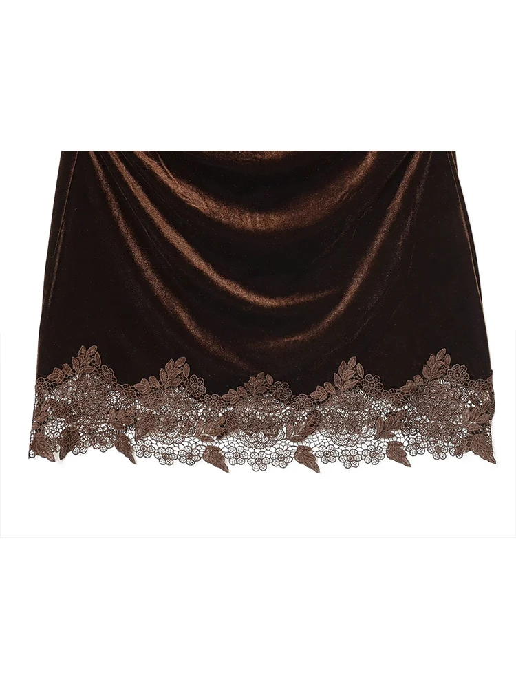 Sexy Women Lace Trim Velvet Mini Dress Fashion Draped Slimming Sleeveless Splice Dresses Female Elegant Solid Short Dress