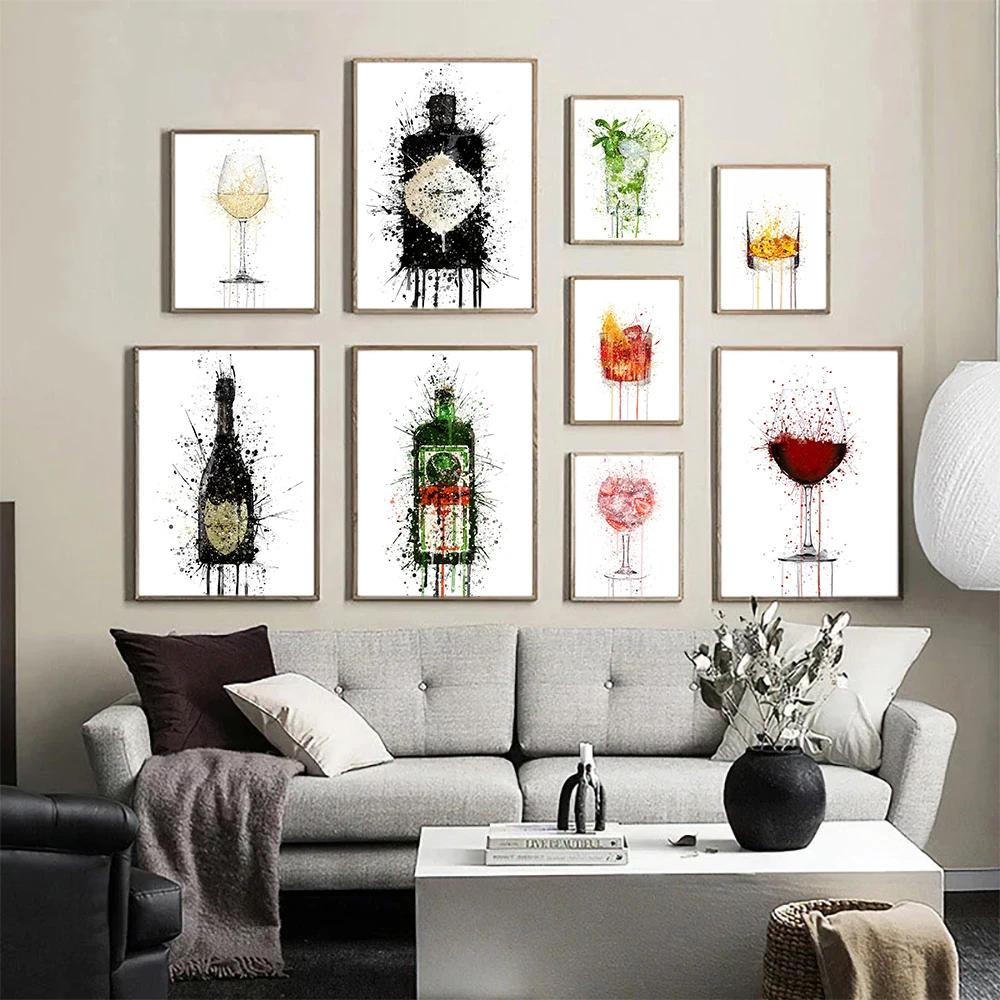 

Watercolor Wine Bottle Poster Gin Exhibition Art Print Mojito Cocktail Canvas Painting Goblet Wall Picture Living Bedroom Decor