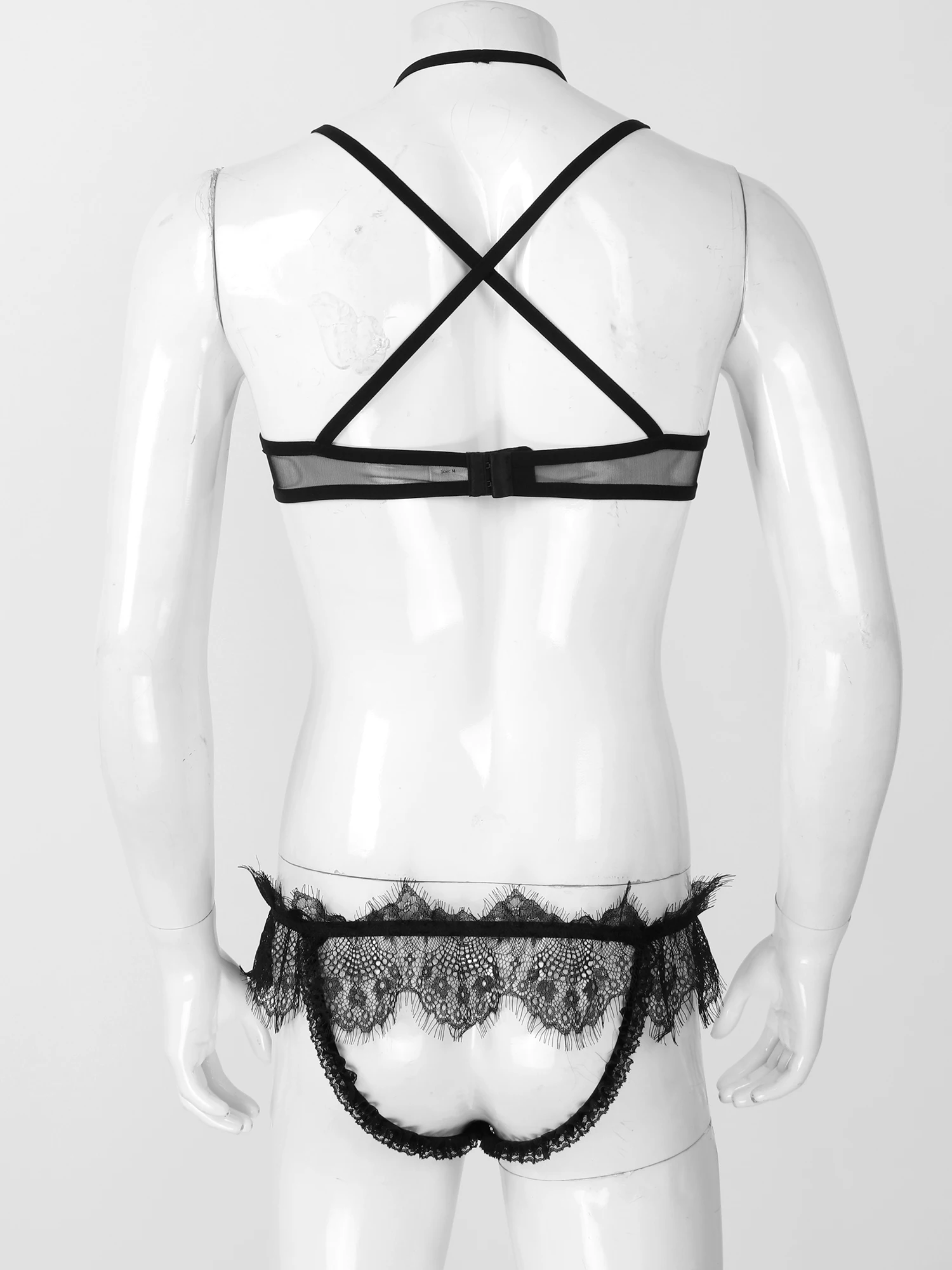 male underwear Mens Sissy Sexy Lenceria Nightwear See Through Sheer Mesh Gay Lingerie Set Fetish Lace Trim Bra with Open Butt G-string Panties