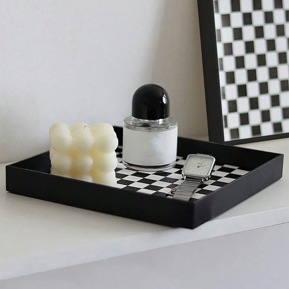 1pc-Desktop Storage Tray, Medieval Black and White Checkerboard Entrance Jewelry, Square Ornament