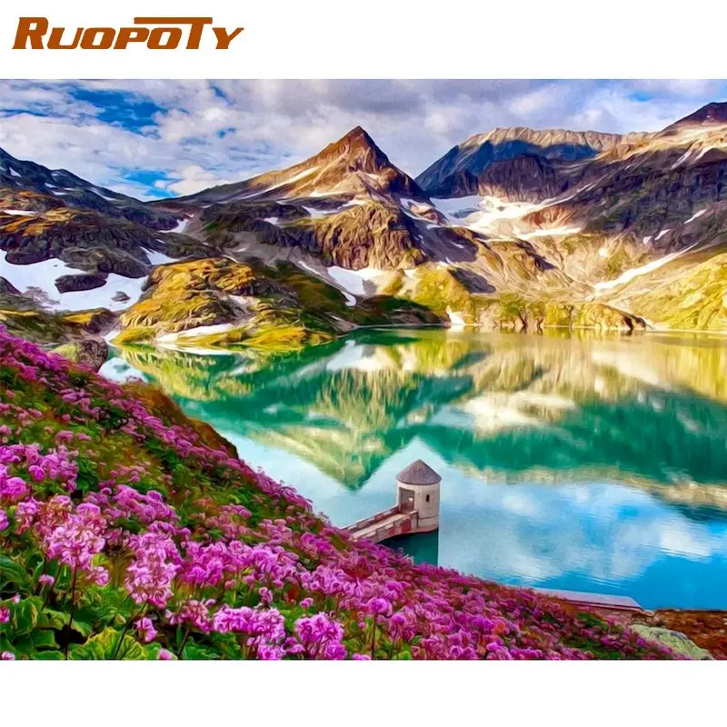 RUOPOTY Mountain Painting By Numbers Kits Adults Diy Crafts Acrylic Paint With Numbers For Home Wall Decors With Frame