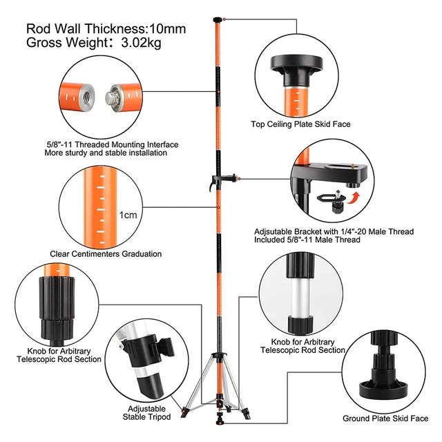 Firecore Perche télescopique 3,7 m avec trépied et support laser 1/4 x 20  pour lasers rotatifs et lasers à ligne, perche de montage laser réglable