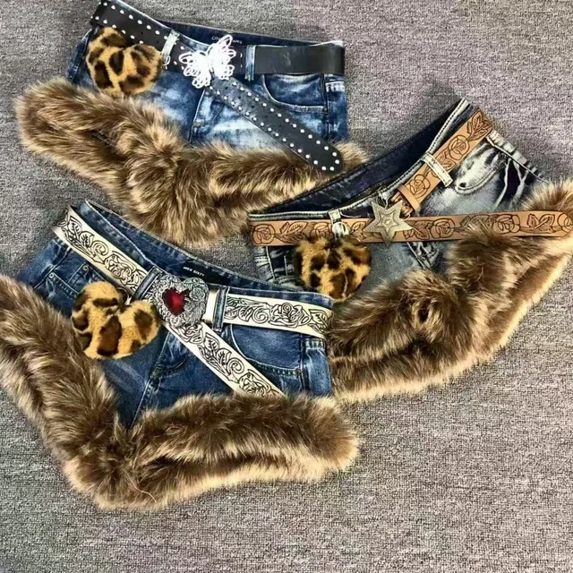 New American Y2k Retro Brown Hair Spliced ​​shorts Trendy Old Hot Girl Low Waist Jeans Vintage Hip-hop Street Clothing Women 1