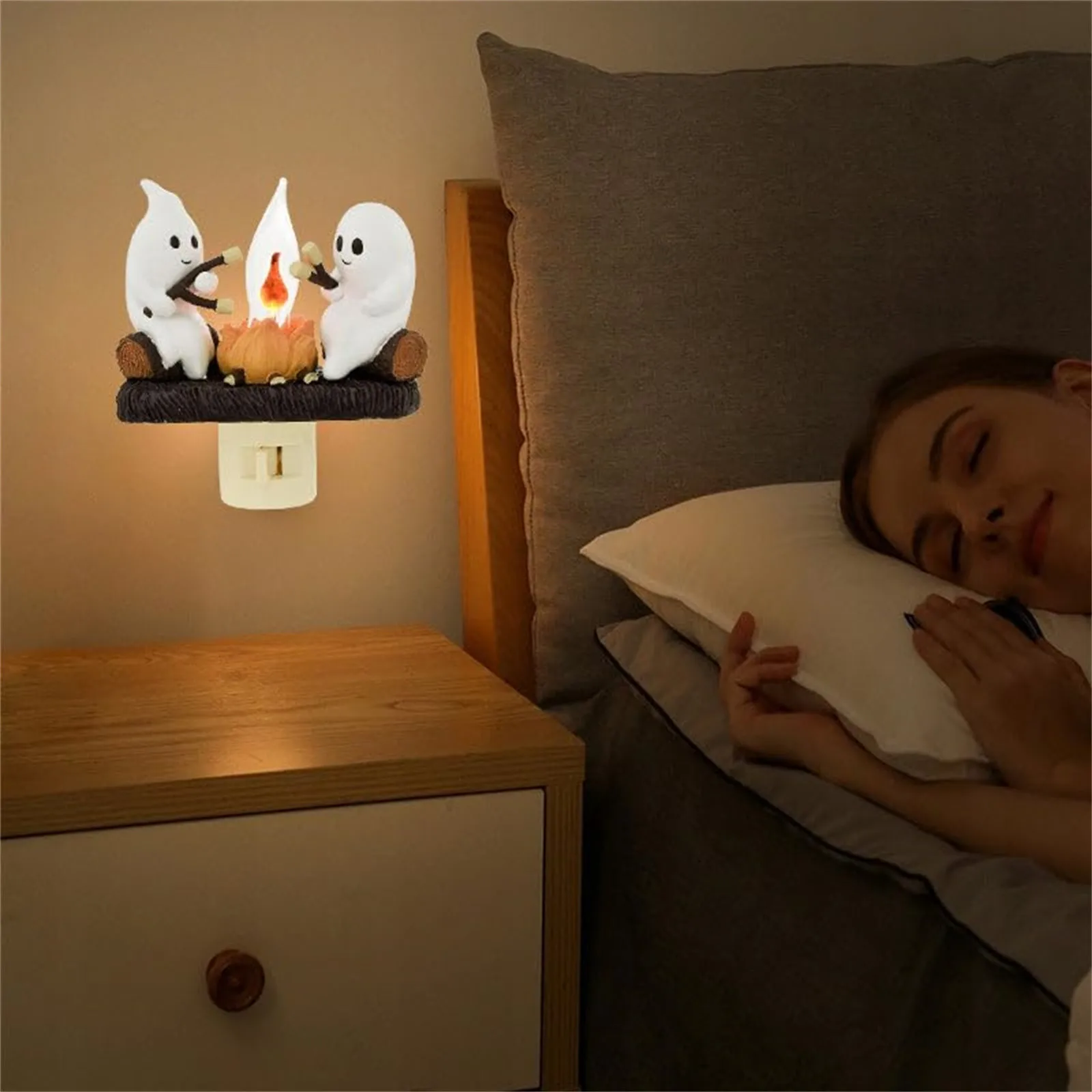 Ghost Flickering Nightlight, LED Faux Fire Ghost Lamp,Halloween Bedroom Night Light Gifts For Family, Friends, Kids