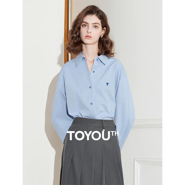 TOYOUTH femmes Blouse chemise 2025 printemps nouveau amour brodé Simple et polyvalent couleur unie pur coton chemise hauts 1