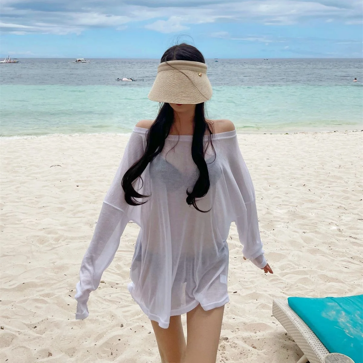 Bikini Swimsuit Cover up Women's Loose Thin Outerwear Casual Sle Long Sve One oulder T Top for Beach Vaion - 5