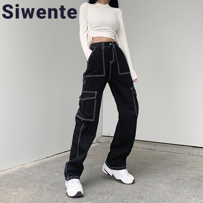 

New Fashion Y2k High Waist Pockets Cargo Pant Vintage Black 2024 Casual Straight Jeans Gothic E Girl High Street Denim Trousers