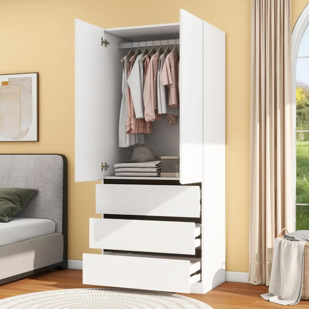 Modern 75" White Bedroom Armoire Wardrobe Closet with 3 Drawers and Shelves - Stylish Storage Solution 4
