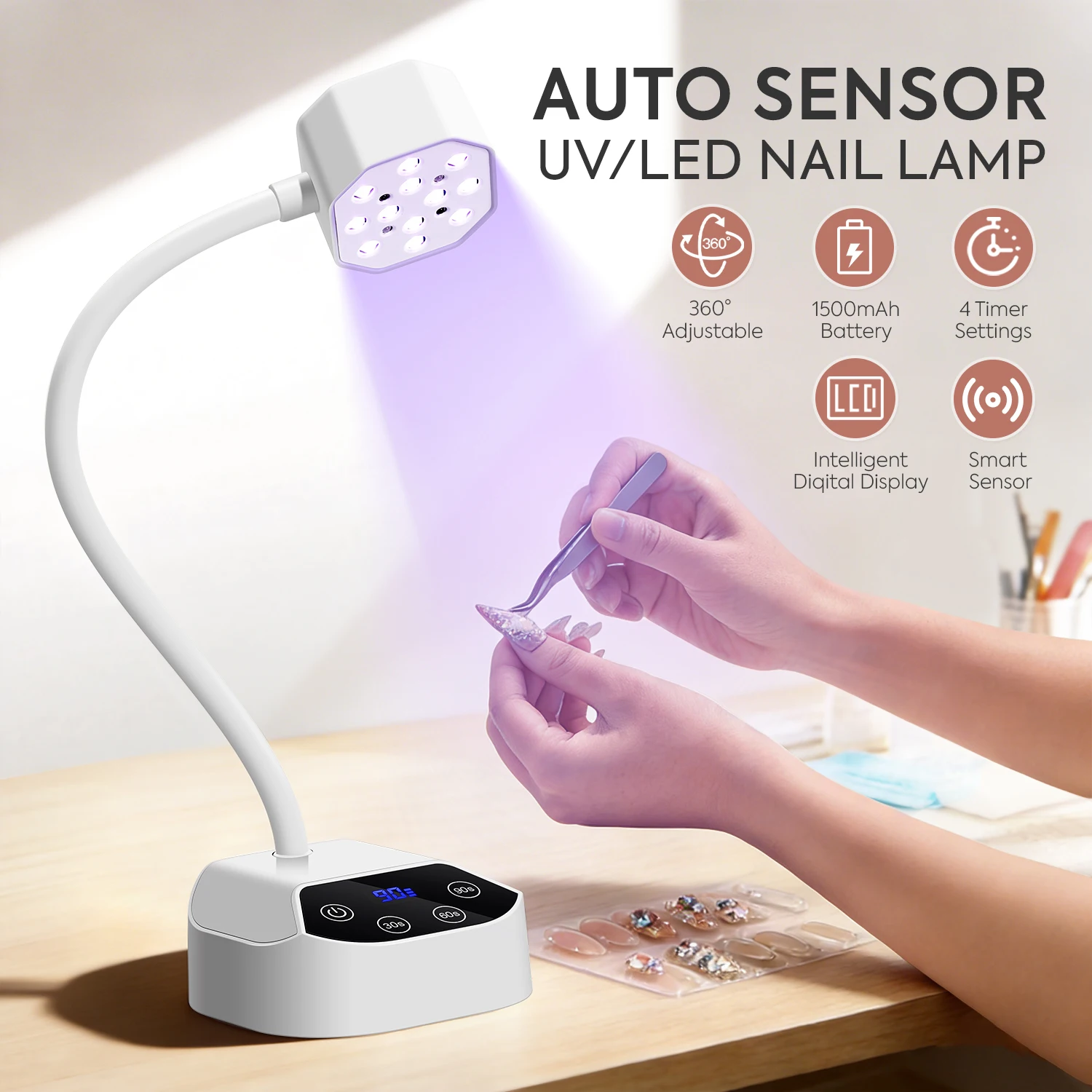 12개의 LED, 3가지 타이머 설정, LCD 디스플레이, 1500mAh 배터리, 빠른 경화를 위한 휴대용 젤 네일 램프가 포함된 무선 네일 드라이어