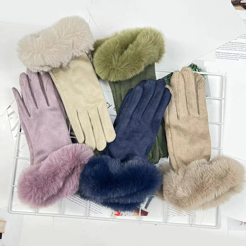 

Зимние женские теплые перчатки для экрана меховые варежки с полными пальцами для девушек для улицы вождения езды на велосипеде ветрозащитные утолщенные перчатки аксессуары