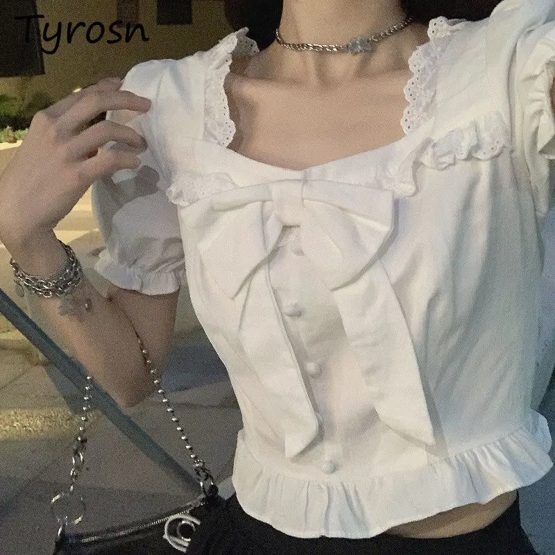

Женская рубашка с пышными рукавами, летняя Милая рубашка с бантом, с рюшами, однотонная кружевная одежда во французском стиле, в стиле Харадзюку, облегающая одежда