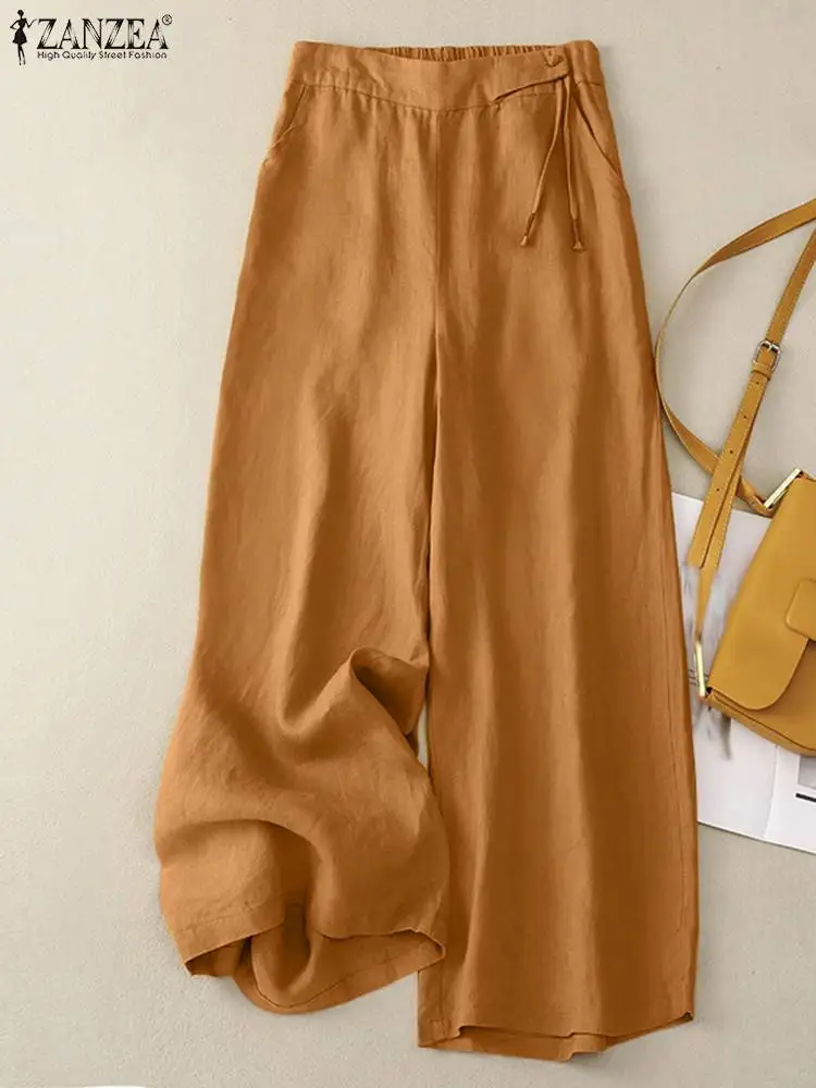 

ZANZEA Vintage Holiday Long Pant Fashion Solid Color Trousers Woman Ankle Length Lace-Up Pantalon Femme Casual Loose Palazzo