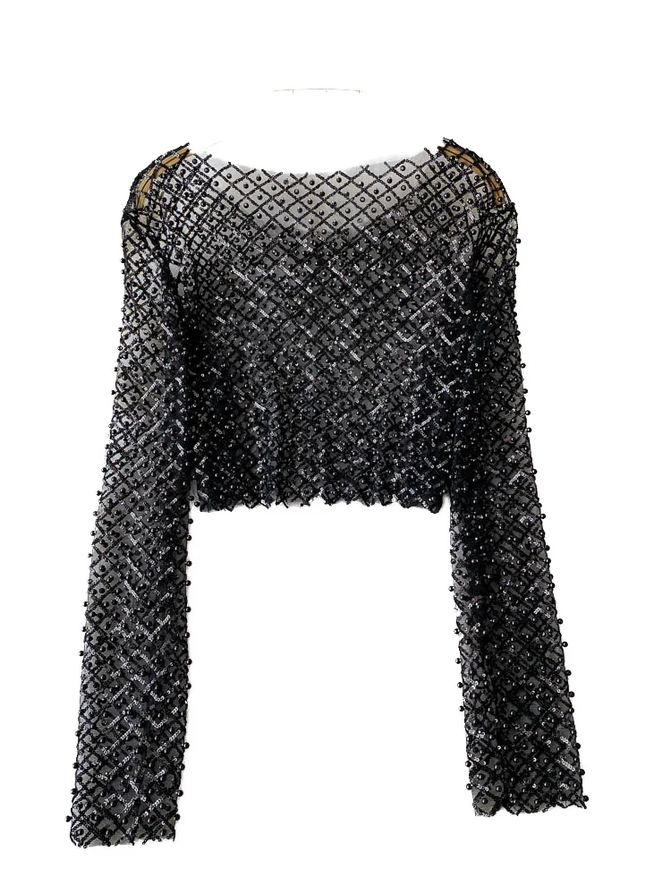 iny Sequin Long Sve round Ne ort T-irt Women's Slim Fit Sli Korean Sle Commute Pure Color Summer Top