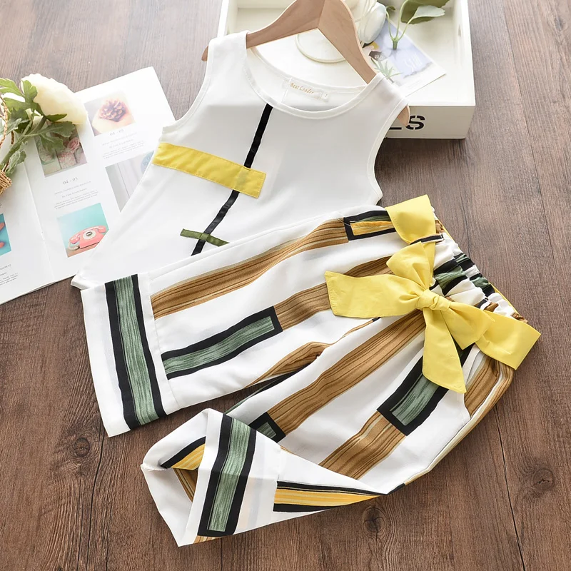 Girls Clothes Set Summer Sleeveless T-shirt and Print Bow Shorts for Girl Kids Clothes Children Clothing 3 5 7 Years kids clothing set kids t shirt girls clothing set