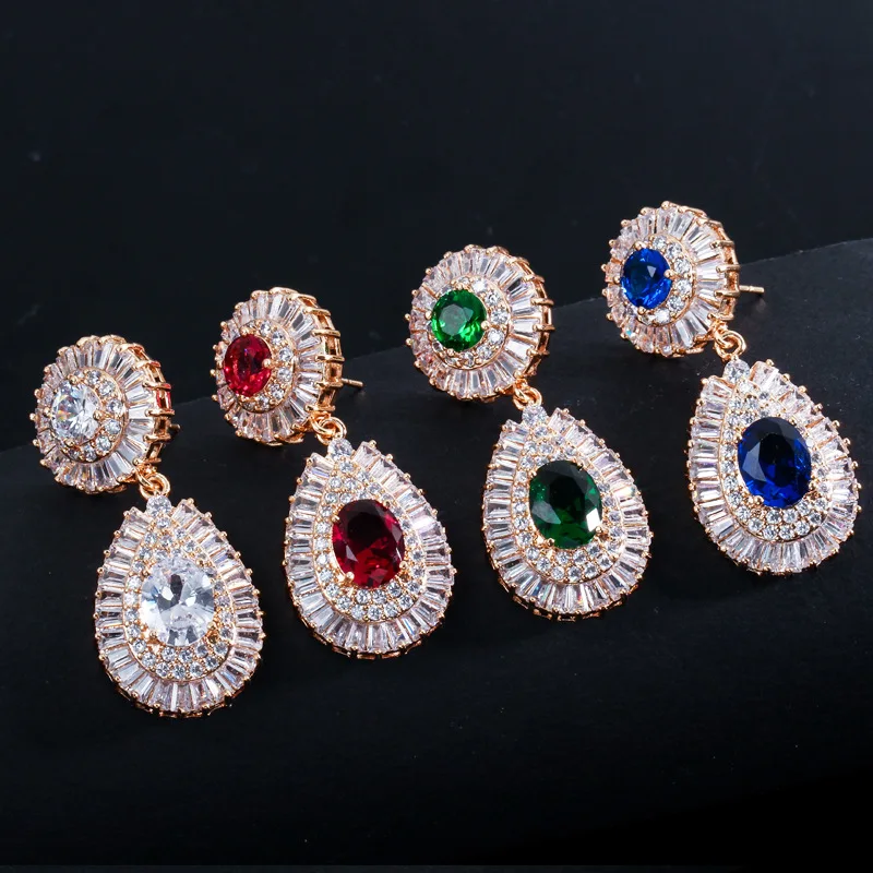 

Light Yellow Gold Color Full Square And Round Cubic Zirconia Pave Round Drop Wedding Earrings with Red Crystal