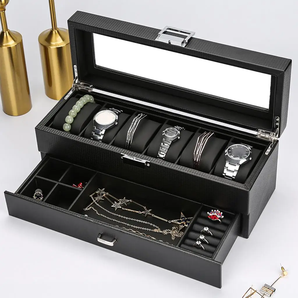 

2-Tier Watch Box Display Case Organizer with Clear Lid Rings Jewelry Storage