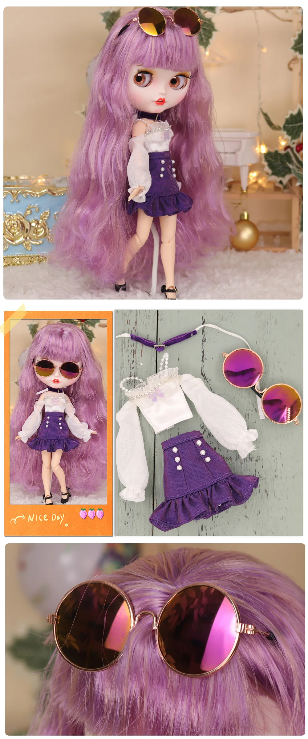 Outfits For ICY DBS Blyth Doll Rock Bunny Idol Dress With Glasses Fashion Suit 1/6 BJD Ob24 Cosplay Anime Girl
