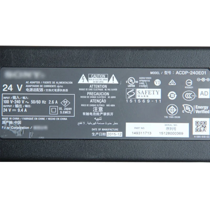 오리지널 브라비아 HD TV 전원 어댑터, LCD TV acdp-240e01 24V 9.4a 225W acdp-240e02 24V 10a 240W AC 전원 어댑터