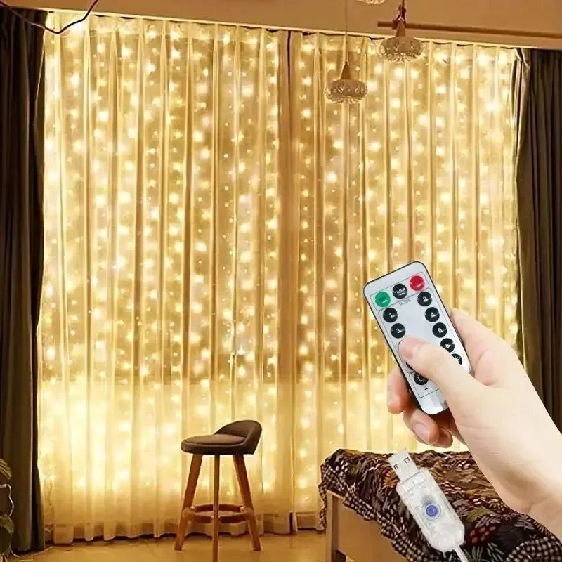 1pc 6x3/3x3/3x2/3x1m USB LED Curtain String Lights EID Mubarak Bedroom Garland Fairy Lamp Wedding Party Home Ramadan Decoration