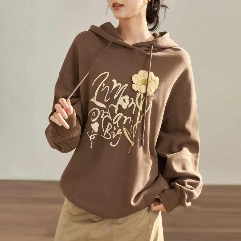 INMAN Women Hoodies 2023 Autumn Long Sleeves Loose Sweatshirts Pastoral Fun Embroidery Fashion Versatile Casual Coffee Tops