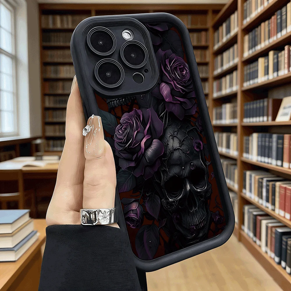 Black Skull & Purple Roses Soft TPU Shockproof Anti-Fall Protective Case