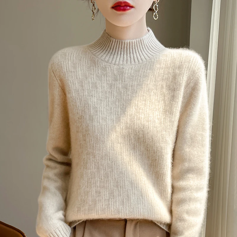 Women's semi high neck solid color sweater made of 100% wool_voghion.com
