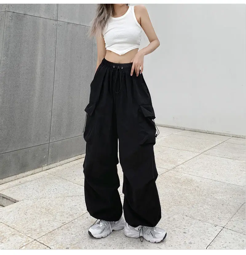 Women's Low Waist Tech Pants, Drawstring, Wide Leg Baggy Trousers, Y2K Streetwear, Oversize Sweatpants, Casual Joggers, 5